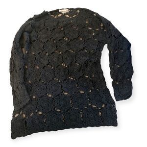 Vintage y2k floral Black Open Crochet Long Sleeve Top